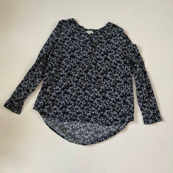 BeachLunchLounge Collection Floral Blouse Navy Blue Long Sleeve Top Size Large - Picture 2 of 5